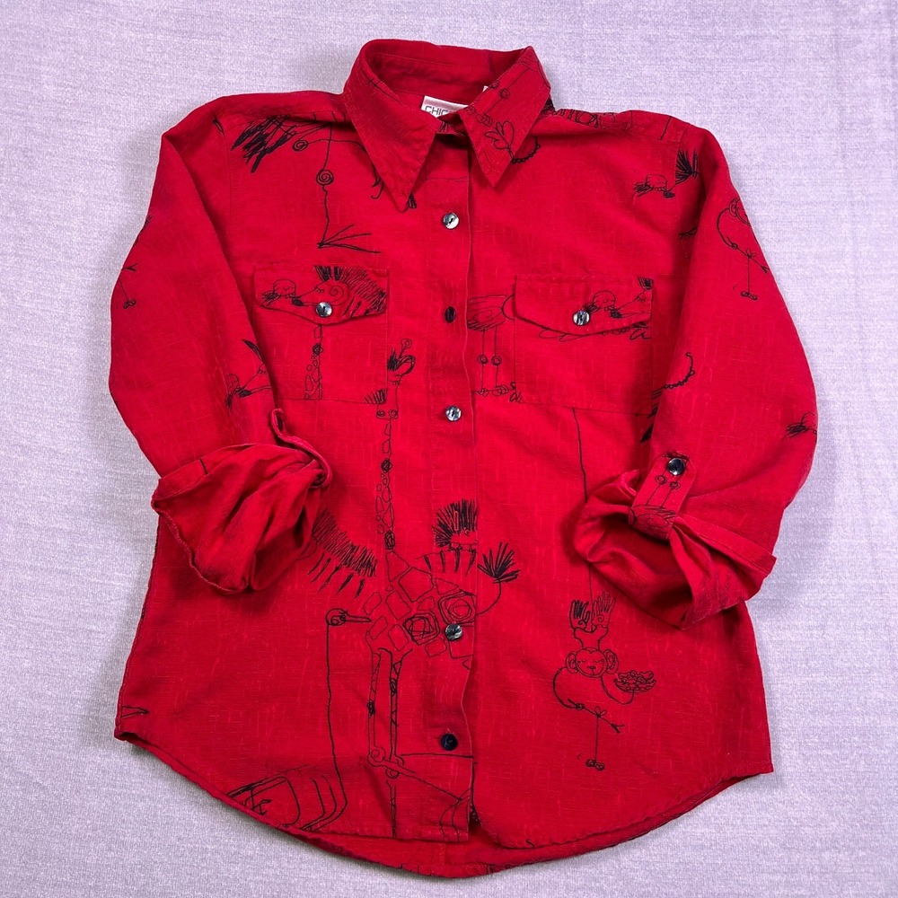 Chicos Krazy Kritter Roll Tab Sleeve Button Up Shirt Womens S Red Silk